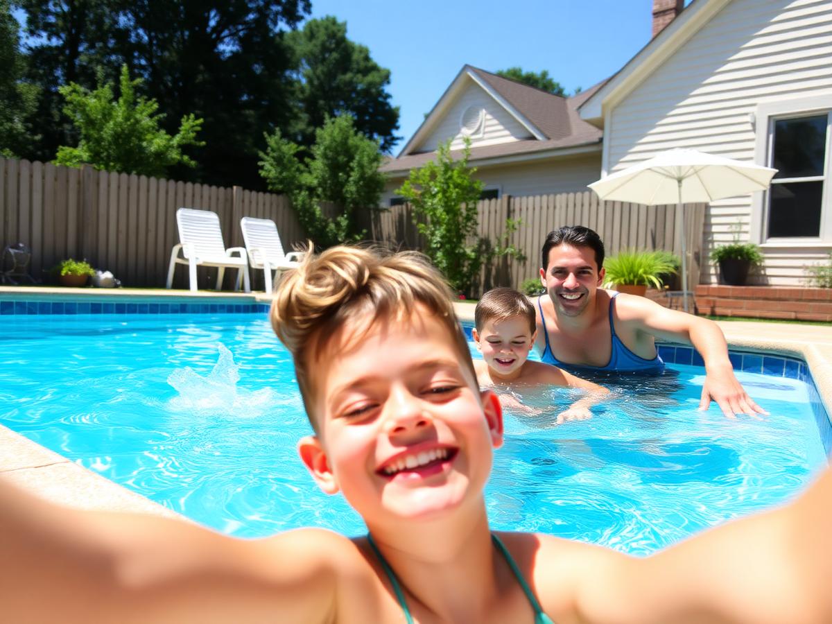 Happy family swimming